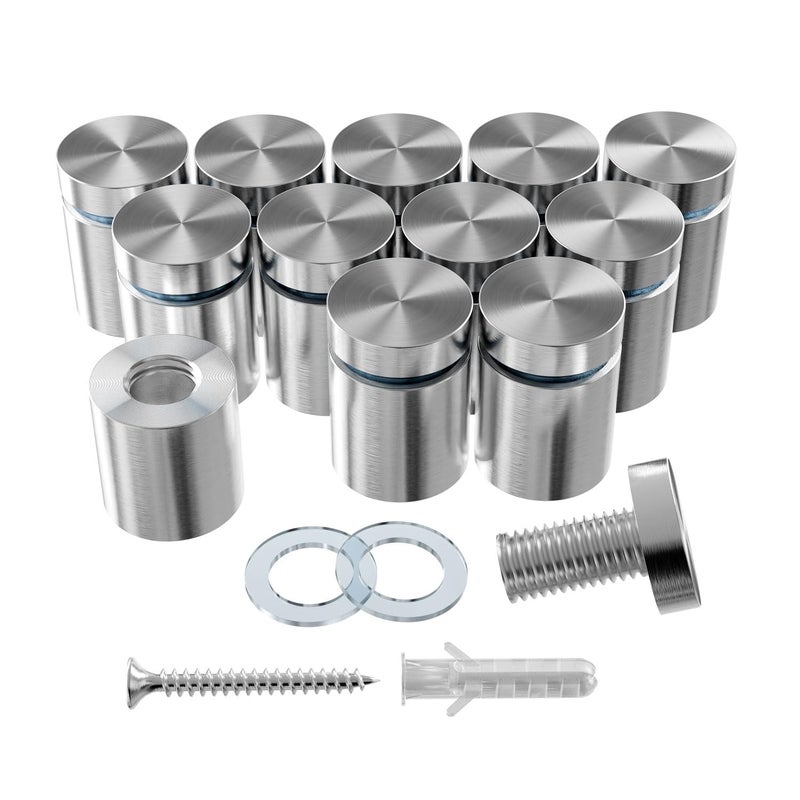 LEDONGUS 12-Pack Stainless Steel Standoff Screws with Wall Anchors & Rubber Pads – Sign Mounting Hardware for Acrylic Signs, Photo Frames, Advertising Boards, Silver (3/4" x 1" / 19mm x 25mm) - Image 1